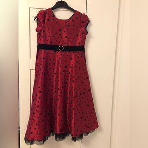 Velvet red formal girls dress with black polkadots